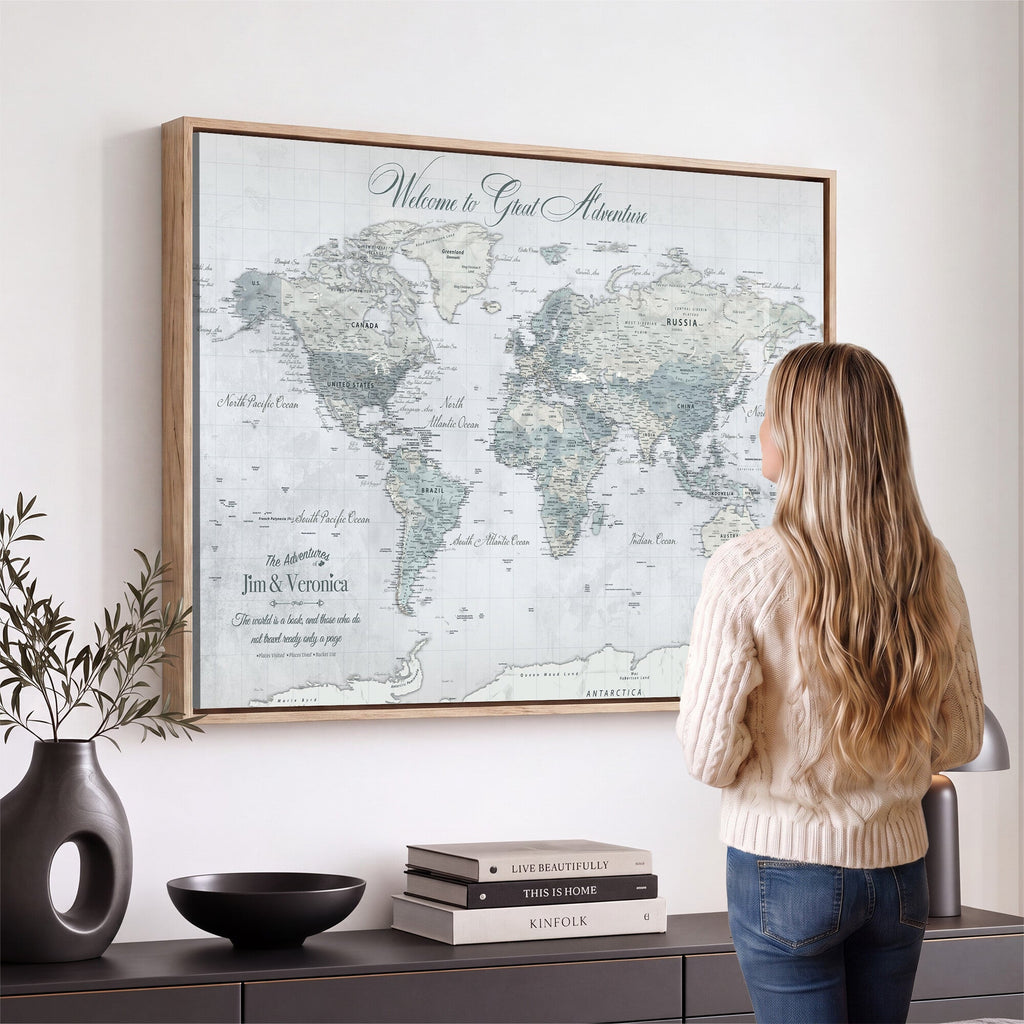 Personalized Beige Antique Push Pin World Map Canvas Print, Family Travel Tracker, Family Room and Entryway Decor