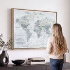 Personalized Beige Antique Push Pin World Map Canvas Print, Family Travel Tracker, Family Room and Entryway Decor