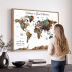 Custom Framed Beige Modern Push Pin World Map Wall Art, Couples Countries Visited Map, Study and Entryway Decor