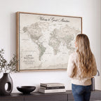Personalized Beige World Map Canvas with Push Pins, Places Visited Tracker, Family Room and Entryway Decor