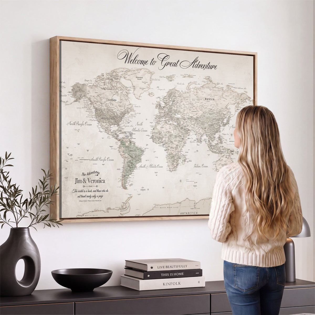 Personalized Beige World Map Canvas with Push Pins, Places Visited Tracker, Family Room and Entryway Decor