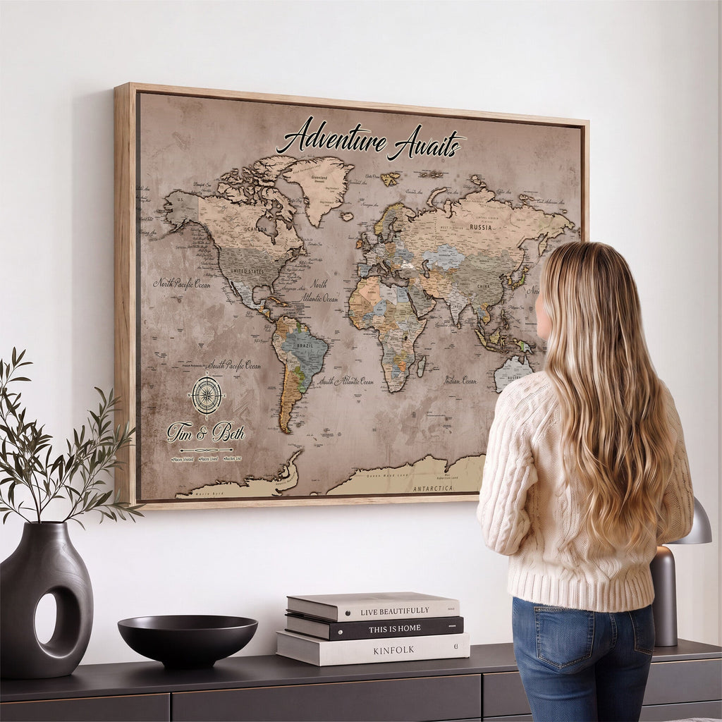 Custom Push Pin World Map Wall Art Canvas Print | Personalized Travel Tracker