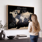Personalized Beige World Map Canvas with Push Pins, Couples Countries Visited Map, Study and Hallway Decor