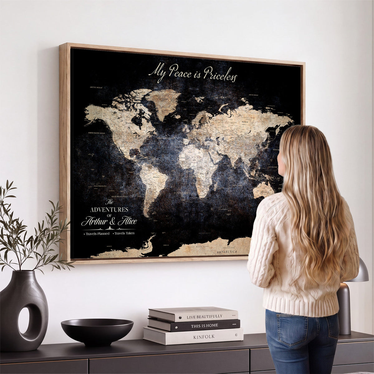 Personalized Beige World Map Canvas with Push Pins, Couples Countries Visited Map, Study and Hallway Decor