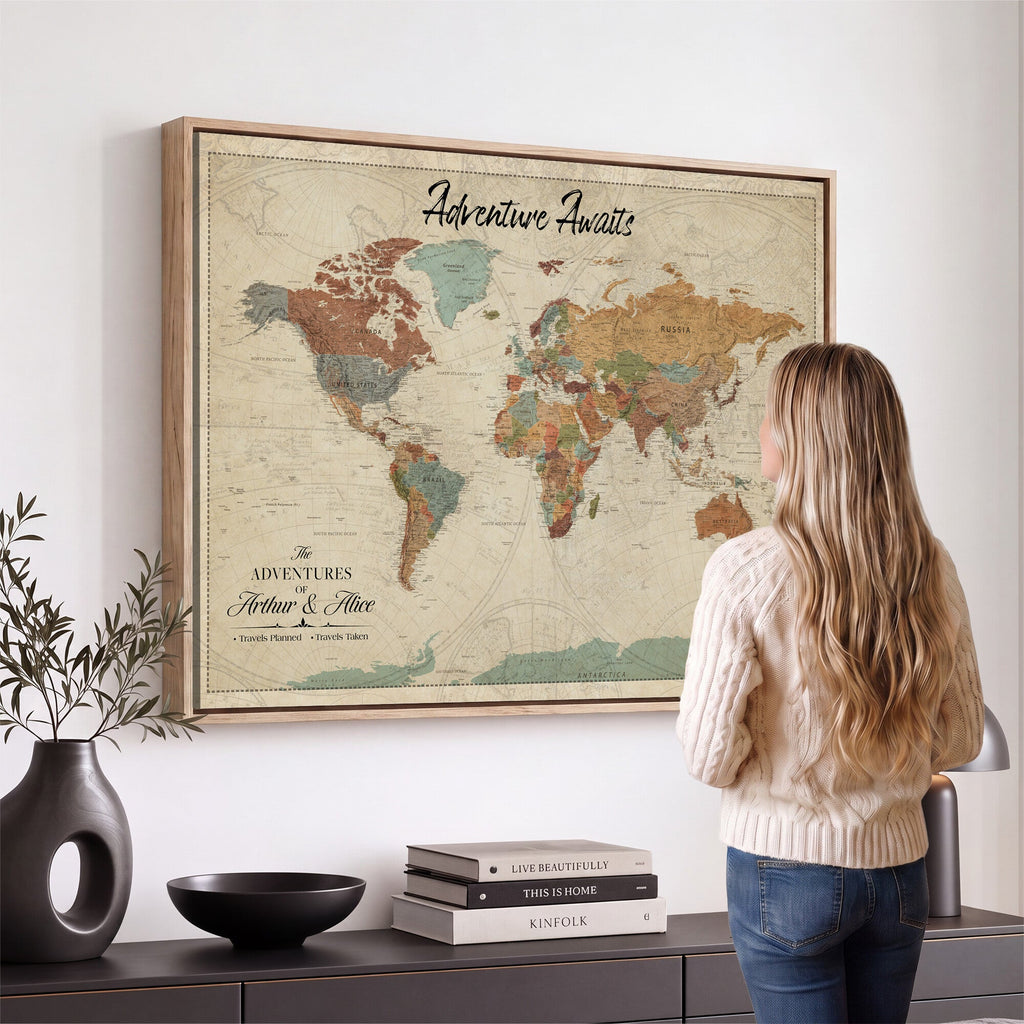 Custom Beige Push Pin World Map Canvas Print, Next Trip Planner Map, Family Room and Study Decor