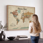 Custom Beige Push Pin World Map Canvas Print, Next Trip Planner Map, Family Room and Study Decor