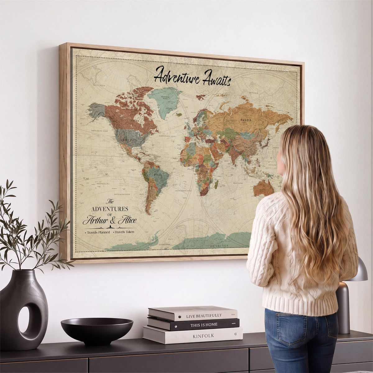 Custom Beige Push Pin World Map Canvas Print, Next Trip Planner Map, Family Room and Study Decor