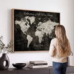 Personalized Framed Beige Push Pin World Map Canvas Print, Couples Countries Visited Map, Dining Room and Study Decor
