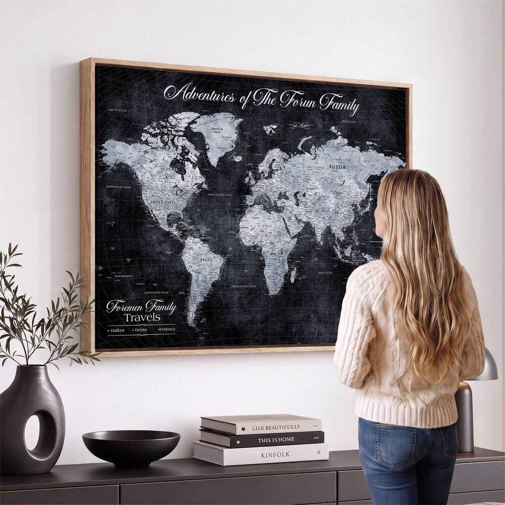 Personalized Framed Beige Modern Push Pin World Map Wall Art, Places Visited Tracker, Family Room and Dining Room Decor