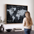 Personalized Framed Beige Modern Push Pin World Map Wall Art, Places Visited Tracker, Family Room and Dining Room Decor
