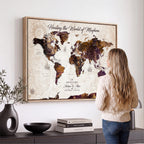 Personalized Framed Navy World Travel Map Wall Art with Pins, Honeymoon and Anniversary Gift, Living Room and Bedroom Decor