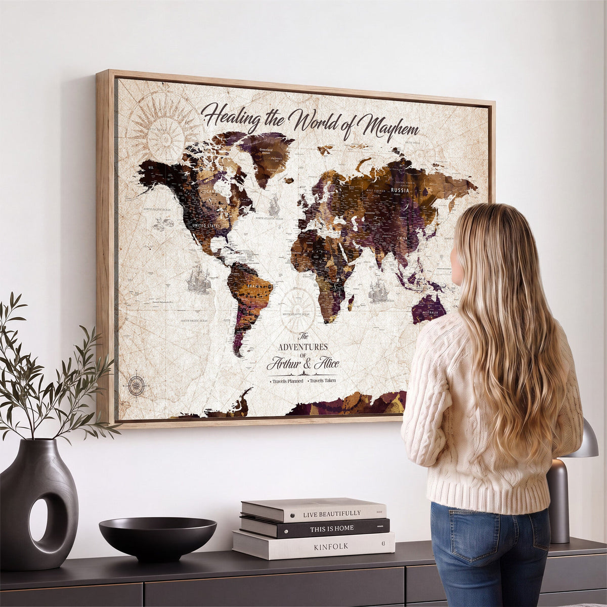 Personalized Framed Navy World Travel Map Wall Art with Pins, Honeymoon and Anniversary Gift, Living Room and Bedroom Decor