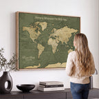 Personalized Framed Beige Geometric Push Pin World Map Canvas Print, Honeymoon and Anniversary Gift, Dining Room and Bedroom Decor