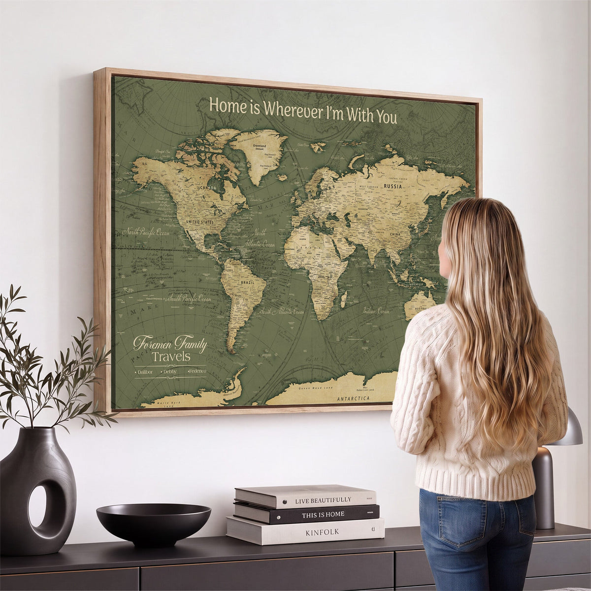 Personalized Framed Beige Geometric Push Pin World Map Canvas Print, Honeymoon and Anniversary Gift, Dining Room and Bedroom Decor
