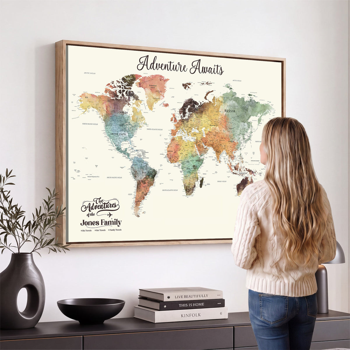 Custom Beige World Map Canvas with Push Pins, Honeymoon and Anniversary Gift, Dining Room and Entryway Decor