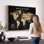 Personalized Framed Black Beige Modern World Travel Map Wall Art with Pins, Bucket List Map, Living Room and Hallway Decor