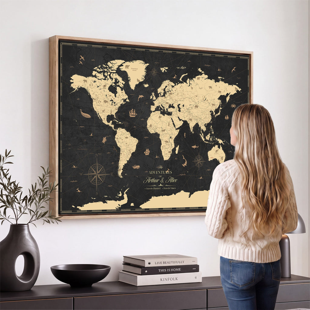 Personalized Beige Push Pin World Map Canvas Print, Places Visited Tracker, Home Office and Study Decor