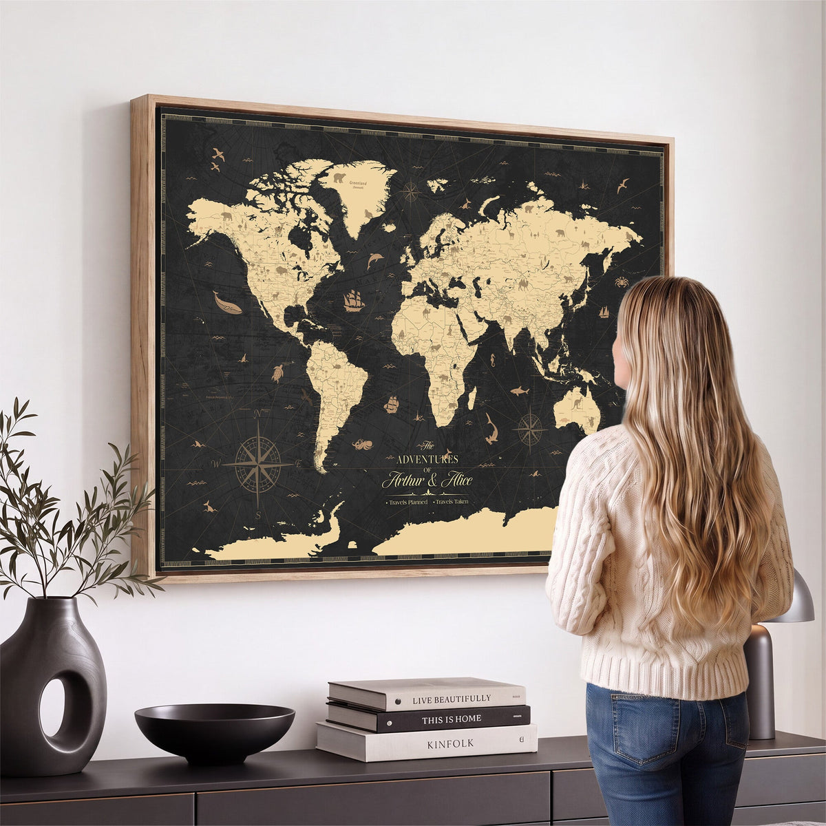 Personalized Beige Push Pin World Map Canvas Print, Places Visited Tracker, Home Office and Study Decor