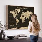 Custom Beige Push Pin World Map Wall Art, Next Trip Planner Map, Living Room and Home Office Decor