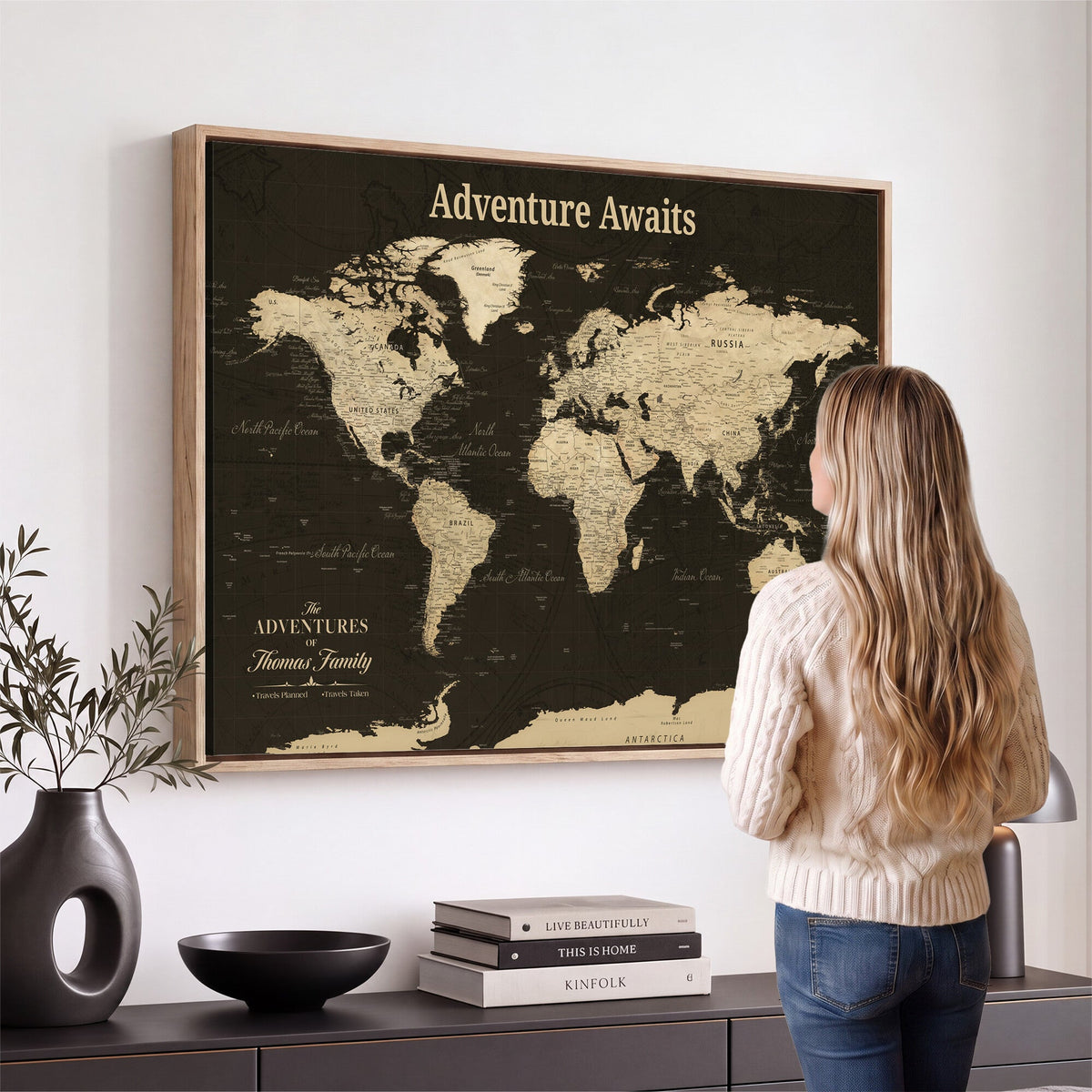 Custom Beige Push Pin World Map Wall Art, Next Trip Planner Map, Living Room and Home Office Decor