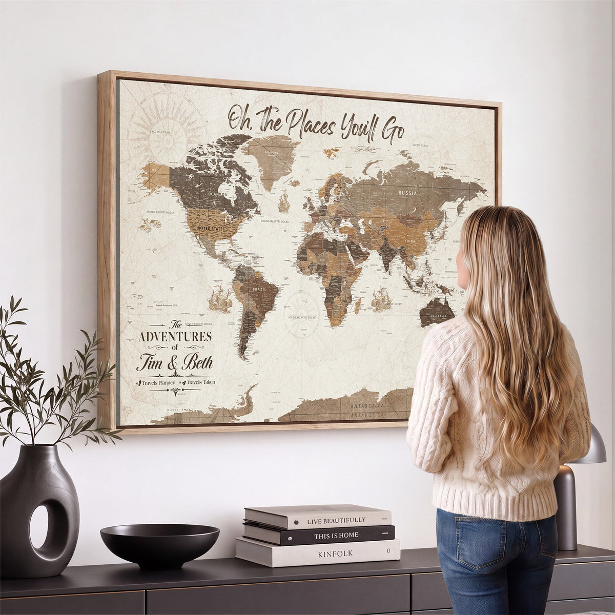 Custom Beige World Travel Map Wall Art with Pins, Couples Countries Visited Map, Living Room and Study Decor