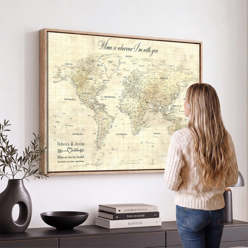 Personalized Beige Modern Push Pin World Map Wall Art, Honeymoon and Anniversary Gift, Bedroom and Study Decor