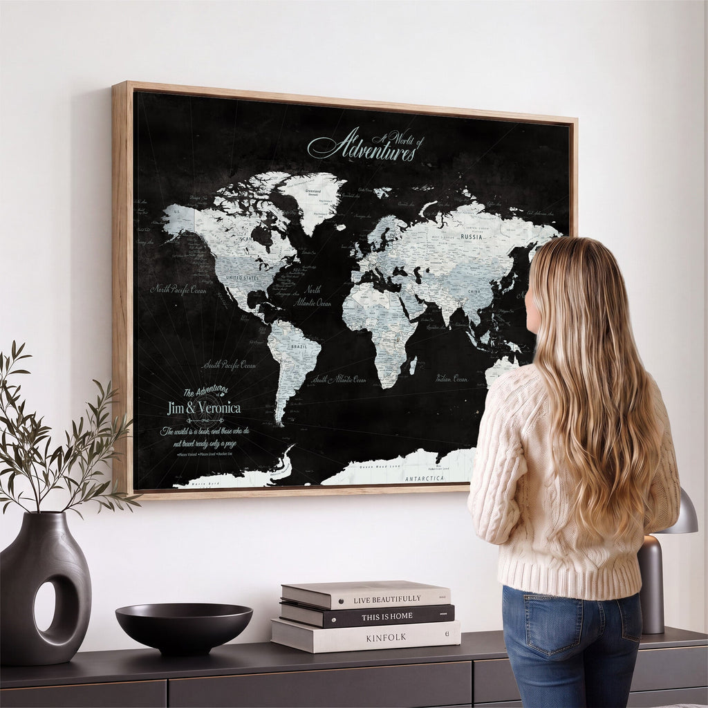 Custom Beige World Travel Map Wall Art with Pins, Places Visited Tracker, Bedroom and Home Office Decor