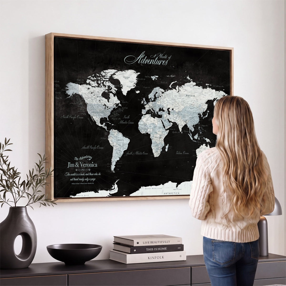 Custom Beige World Travel Map Wall Art with Pins, Places Visited Tracker, Bedroom and Home Office Decor