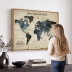 Personalized Framed Black Modern Push Pin Travel Map Canvas Print, Family Travel Tracker, Home Office and Entryway Decor