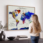Detailed Custom Framed Beige Modern World Map Canvas with Push Pins, Honeymoon and Anniversary Gift, Dining Room and Home Office Decor