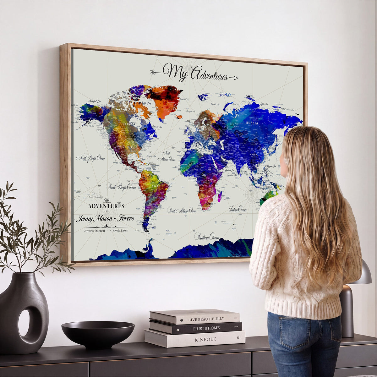 Detailed Custom Framed Beige Modern World Map Canvas with Push Pins, Honeymoon and Anniversary Gift, Dining Room and Home Office Decor