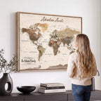 Personalized Framed White Modern Push Pin Travel Map Canvas Print, Bucket List Map, Dining Room and Study Decor