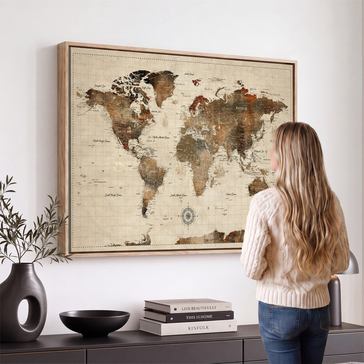 Vintage World Map Wall Art Canvas Print for Living Room, Office and Study