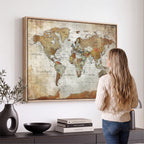 Custom Framed Modern Push Pin World Map Wall Art, Places Visited Tracker, Home Office and Entryway Decor