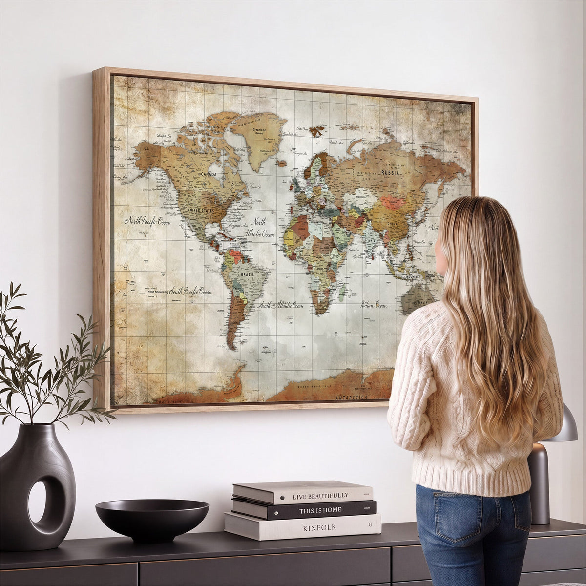 Custom Framed Modern Push Pin World Map Wall Art, Places Visited Tracker, Home Office and Entryway Decor