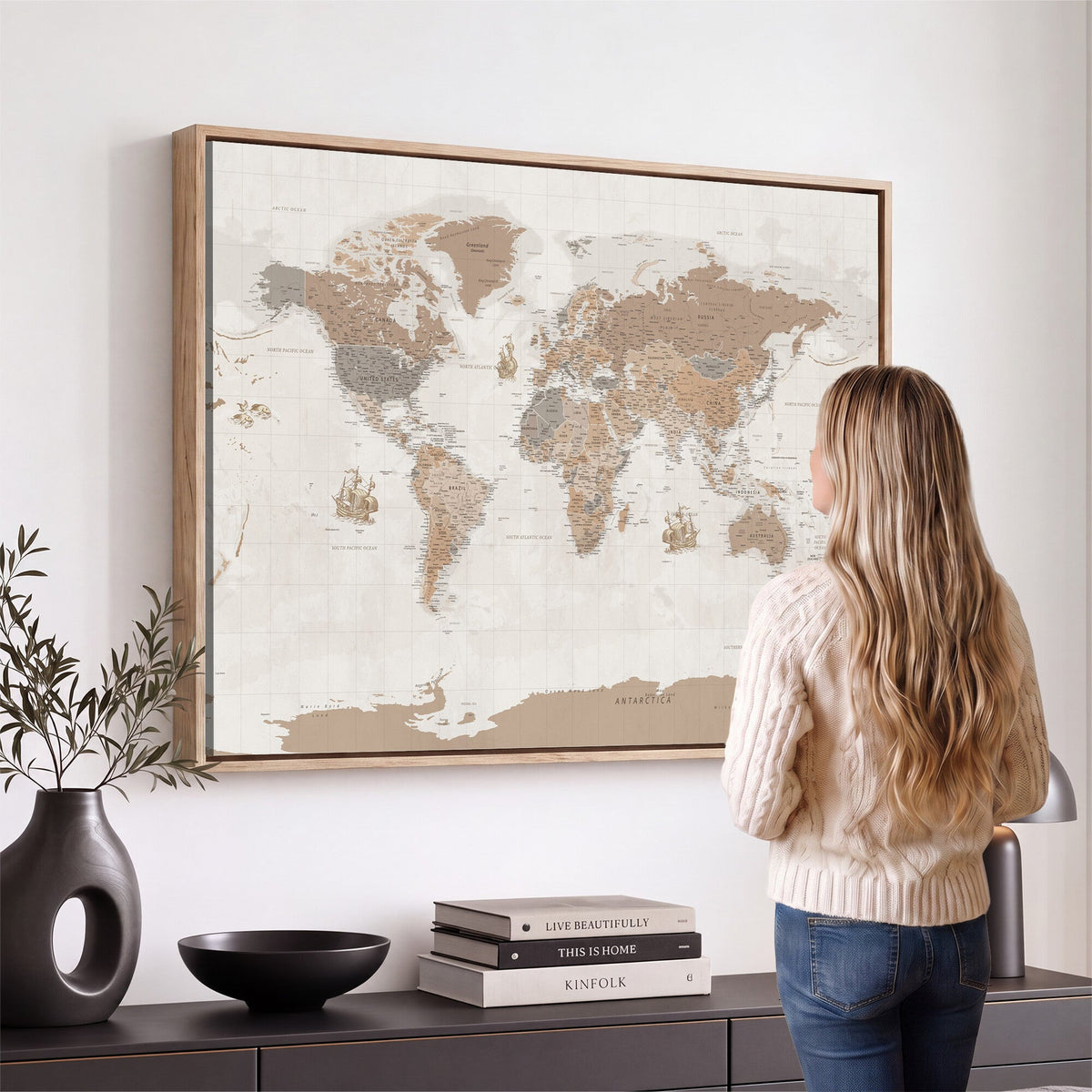 Framed Large World Map Canvas Print for Office Decor