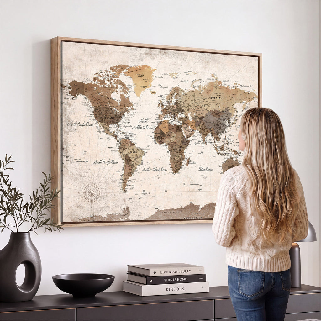 Modern World Map Canvas Print | Framed Travel Map Wall Art