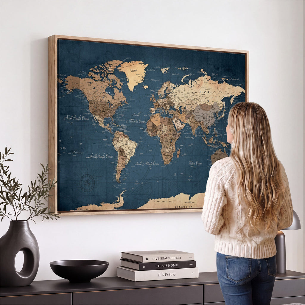 Navy Blue World Map Canvas Print | Framed Travel Map Wall Art