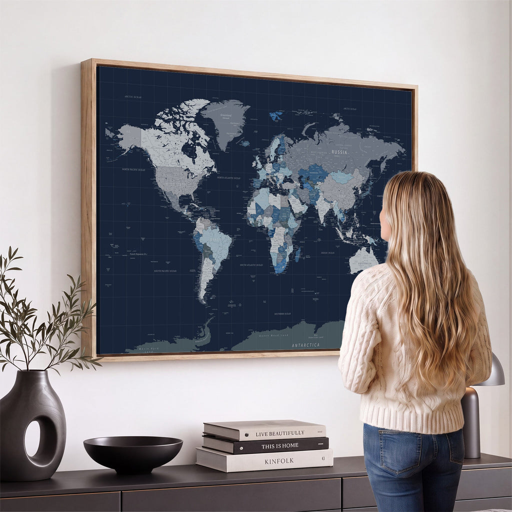 Blue Detailed World Map Wall Art Canvas Print | Modern Framed Map