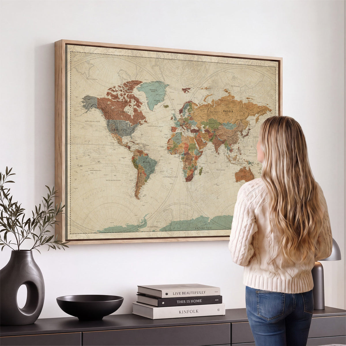 Vintage World Map Canvas Wall Art Print | Framed Modern World Map