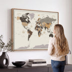 Custom Beige Modern Push Pin World Map Canvas Print, Places Visited Tracker, Bedroom and Study Decor