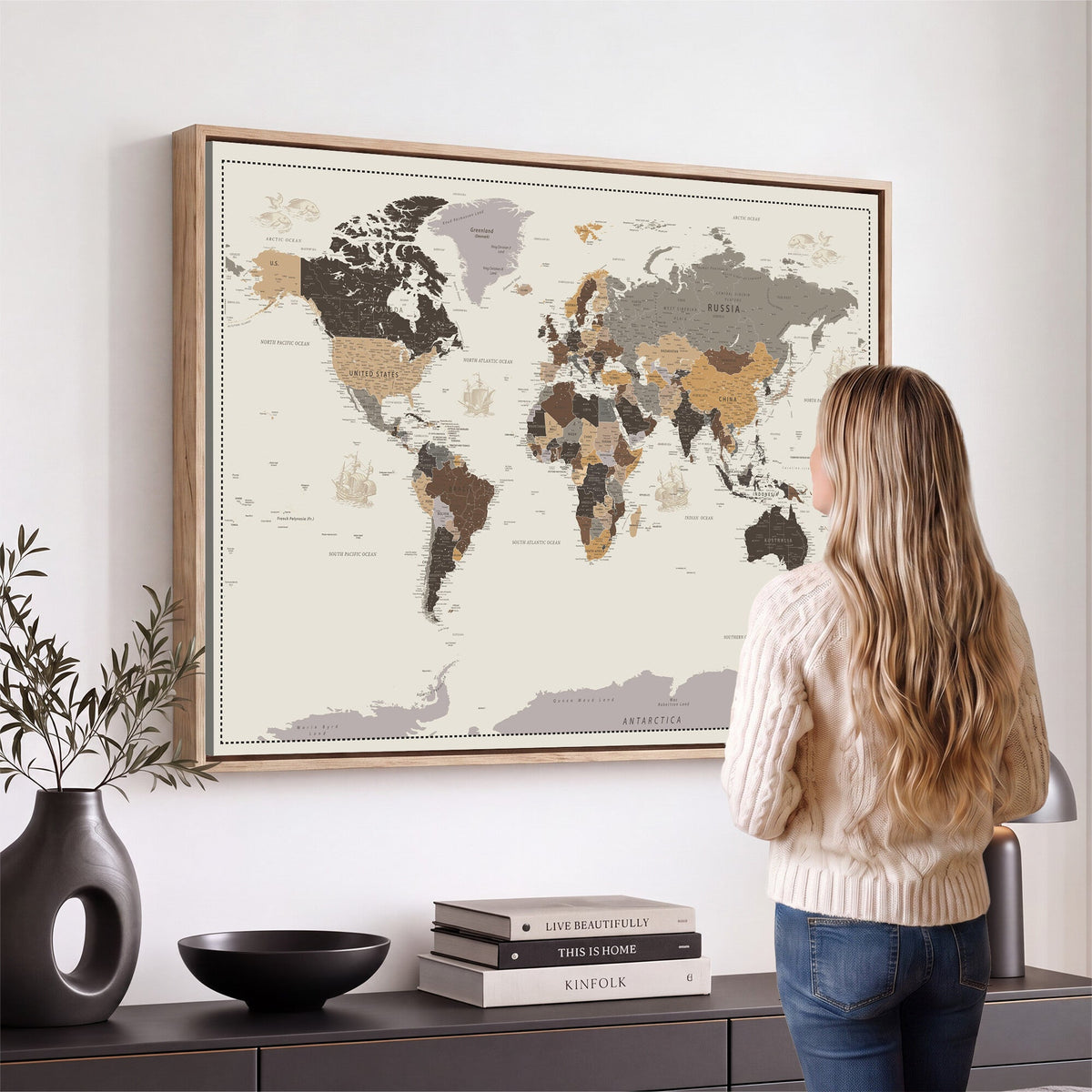 Custom Beige Modern Push Pin World Map Canvas Print, Places Visited Tracker, Bedroom and Study Decor