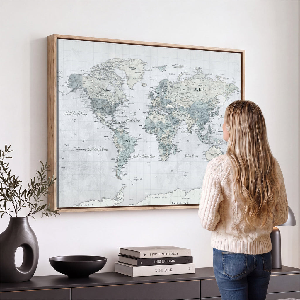 Push Pin World Map Canvas Print - Detailed Vintage World Map