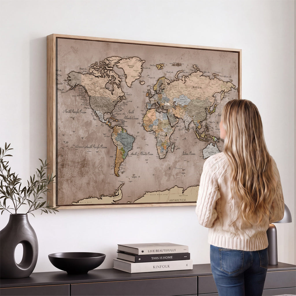 Grunge World Map Canvas Wall Art - Vintage Aged World Map with Golden Tones