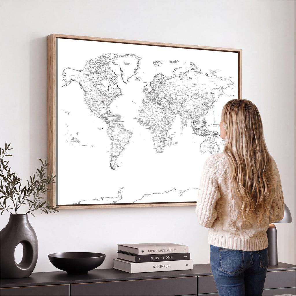 World Map Canvas Print, Framed Modern Detailed Map of the World for Home or Office