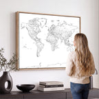 World Map Canvas Print, Framed Modern Detailed Map of the World for Home or Office