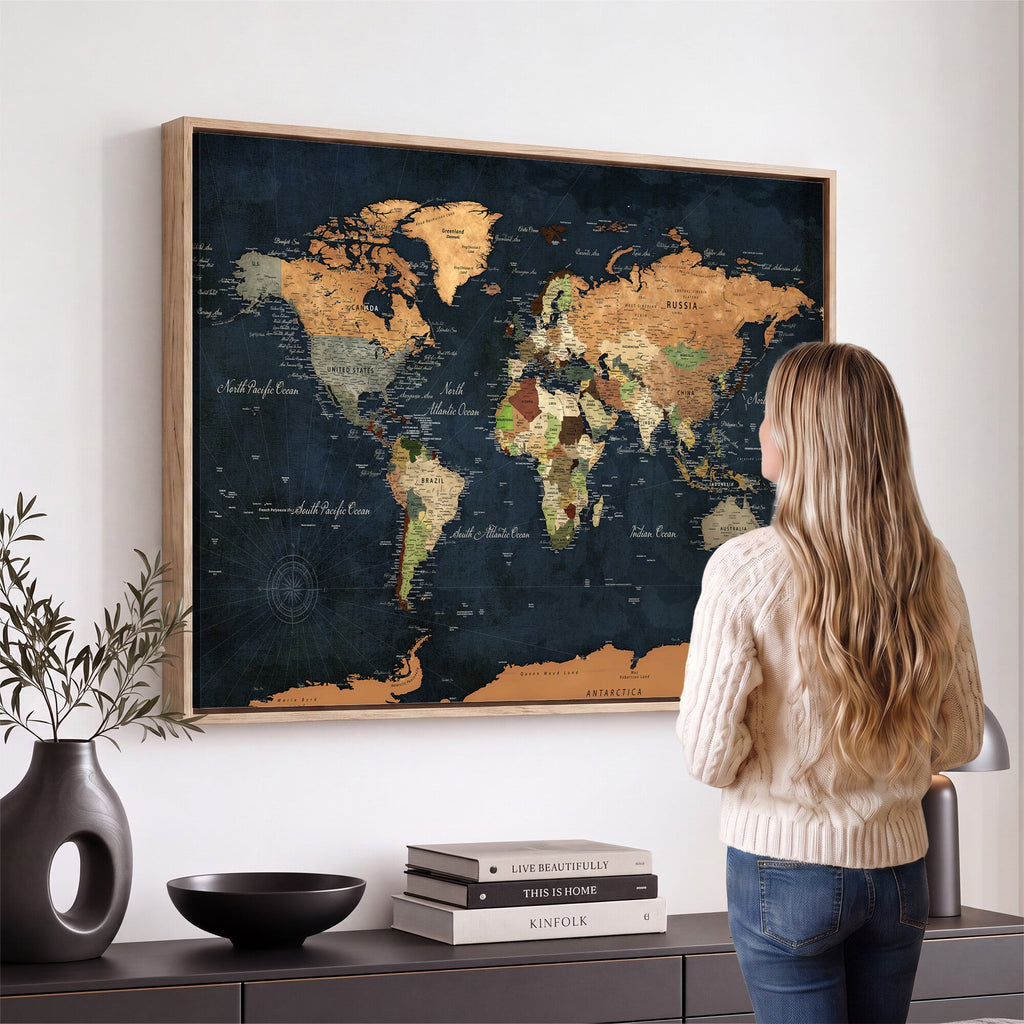 Vintage World Map Canvas Wall Art | Detailed Map with Countries, Oceans and Continents
