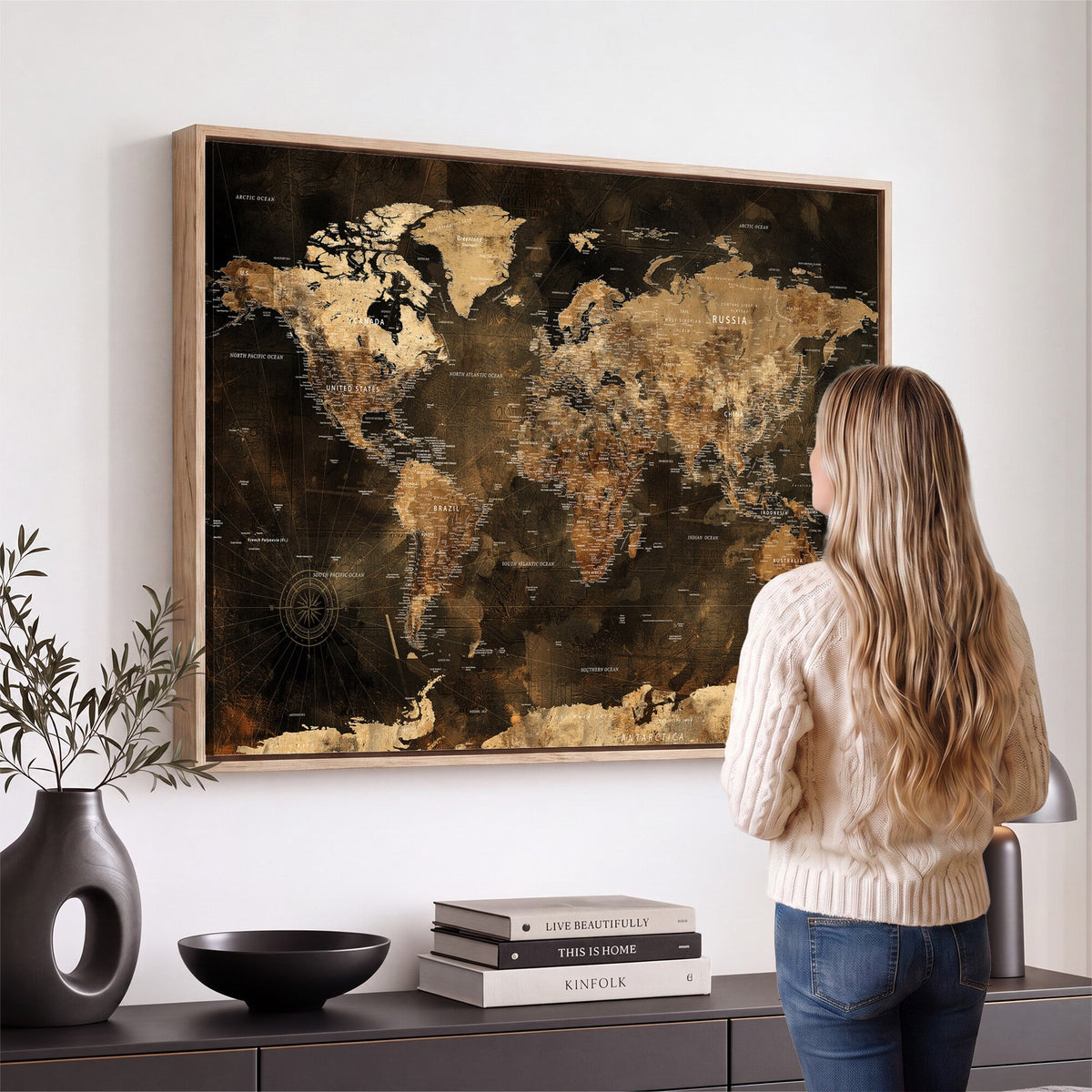 World Map Canvas Print, Modern Decorative Framed Map Artwork