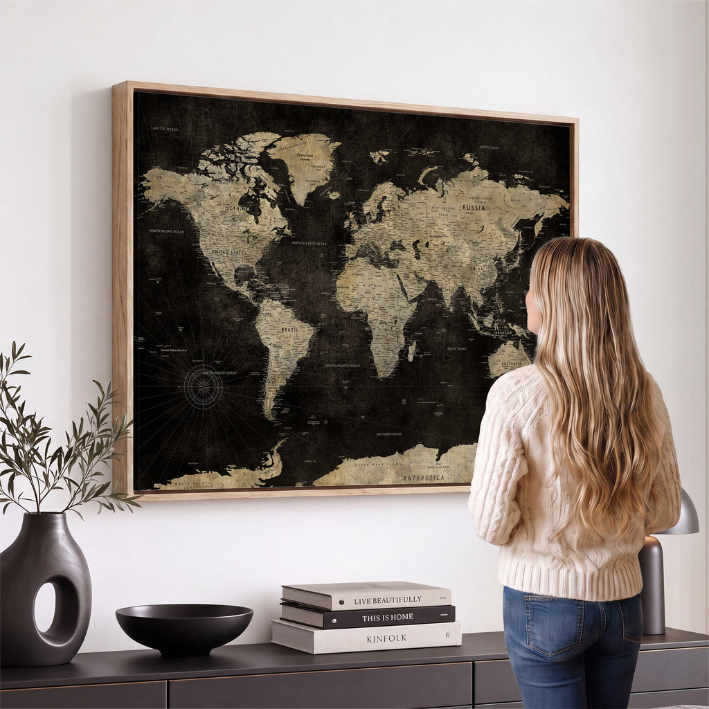 Push Pin World Map Canvas Wall Art Print, Interactive Travel Map