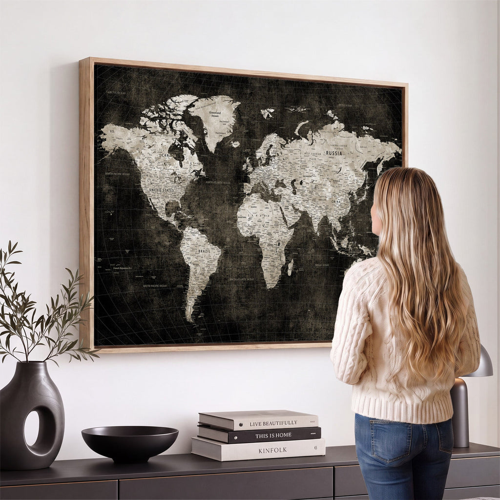 Vintage World Map Wall Art Canvas Print | Framed Large Map Wall Art